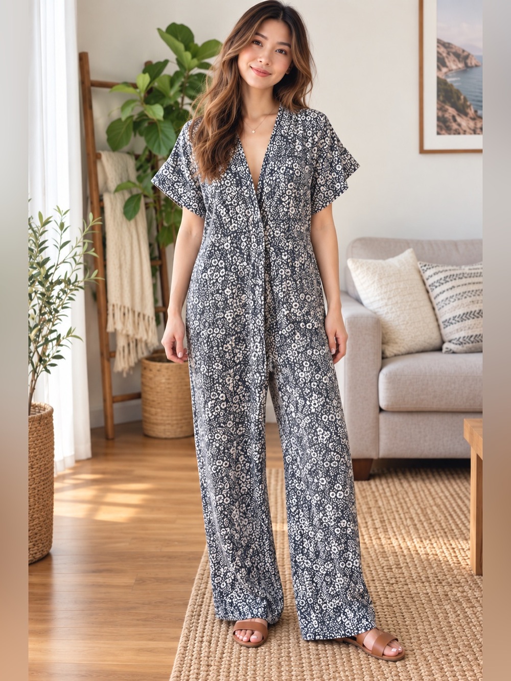 Cleobella Blue Ivory Floral Cotton Jumpsuit Size M